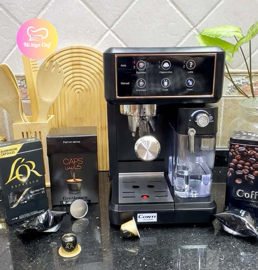 (N) ماكنة الإسبرسو المنزلية ☕️ 7 في 1 بقوة 1350 واط مع عصا تبخير للحليب Machine à café Espresso Conti Global