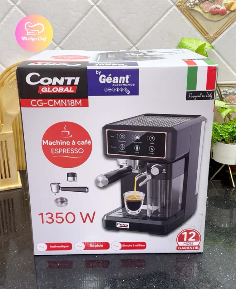 (N) ماكنة الإسبرسو المنزلية ☕️ 7 في 1 بقوة 1350 واط مع عصا تبخير للحليب Machine à café Espresso Conti Global