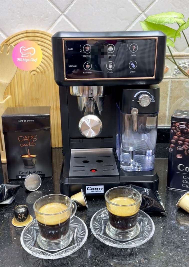(N) ماكنة الإسبرسو المنزلية ☕️ 7 في 1 بقوة 1350 واط مع عصا تبخير للحليب Machine à café Espresso Conti Global