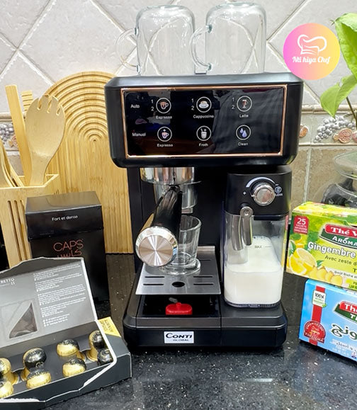 (N) ماكنة الإسبرسو المنزلية ☕️ 7 في 1 بقوة 1350 واط مع عصا تبخير للحليب Machine à café Espresso Conti Global